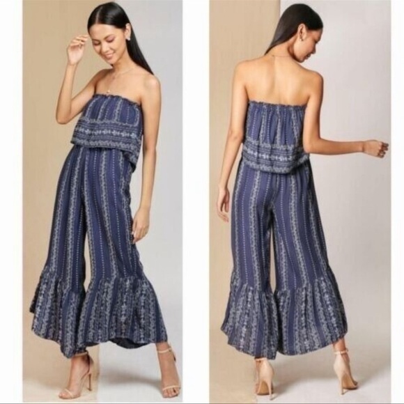 NWT Japna Blue Floral Strapless Cropped Flare Leg Boho Jumpsuit sz XS - Picture 1 of 10